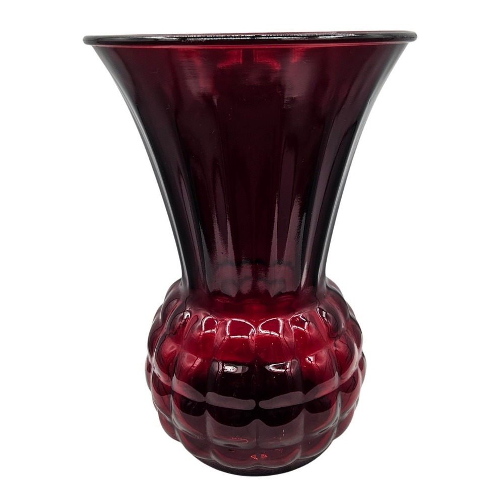 Vintage Anchor Hocking Ruby Red Glass Vase Flared Rimβ Quilted Base 9" MCM Decor